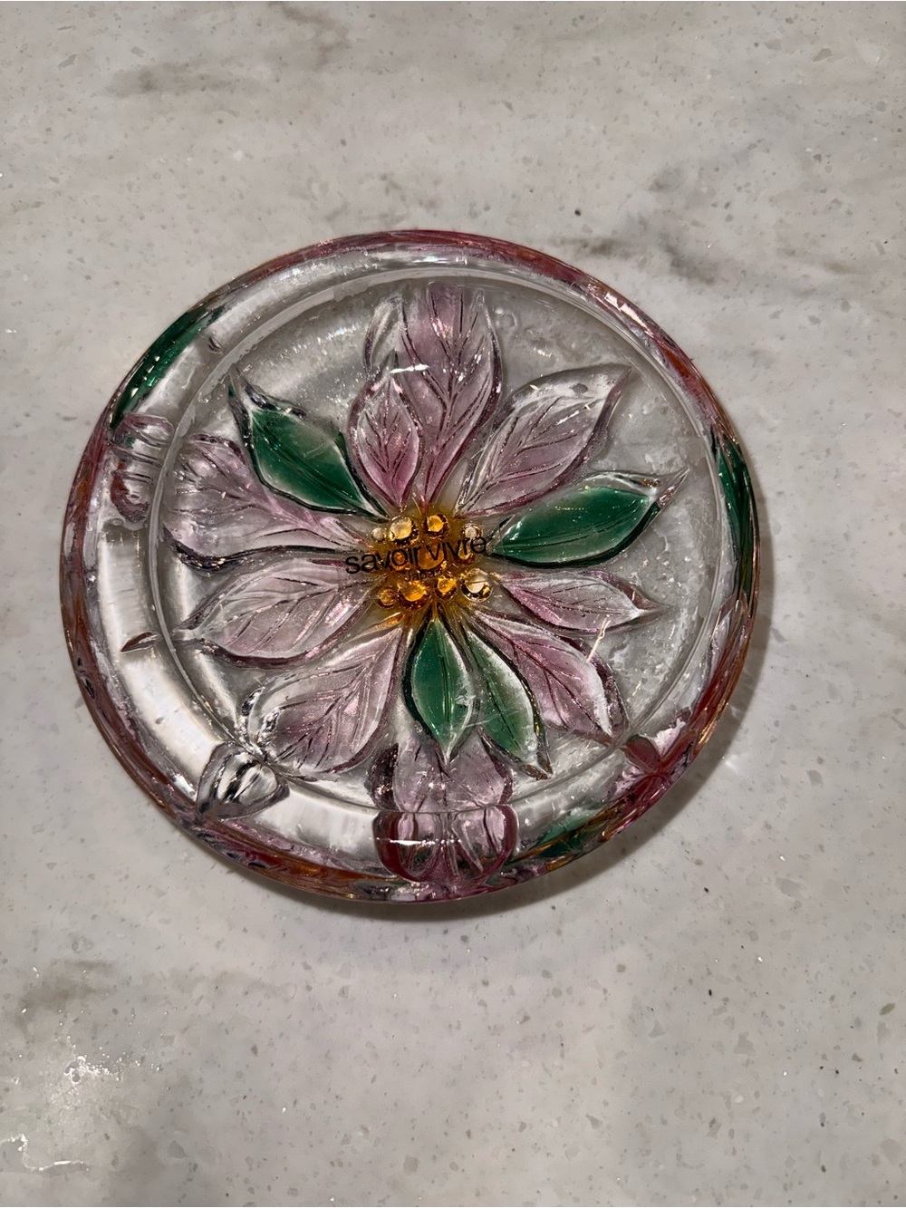 Vintage St. Clair Art Glass Ashtray 5” Pink Purple Iridescent Flower Off Center